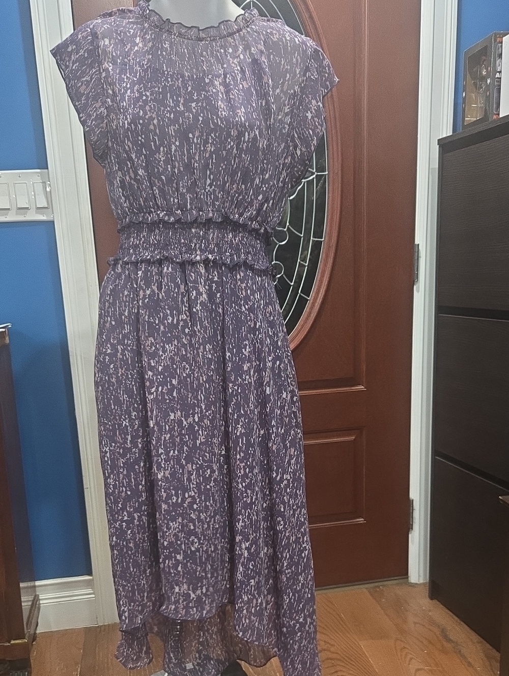 Vera Wang Short / Long Chiffon Dress, Abstract Print, Purple, Small